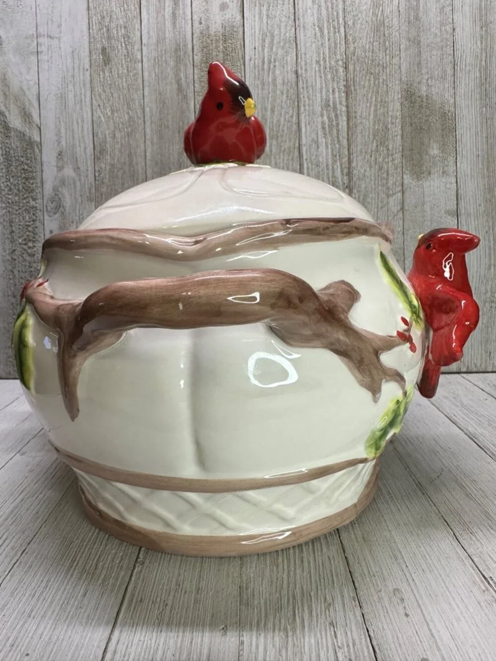 Vtg Cardinal & Berries Holly Serving Bowl Dish Holiday Decor Ceramic 11.5